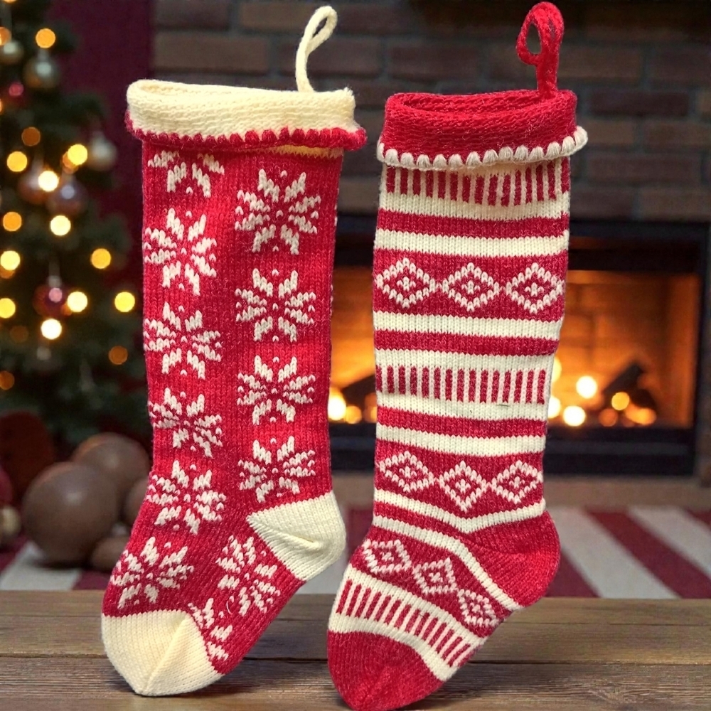 Vintage Christmas Stockings – Red & White Nordic Snowflake Pattern (Set Of 2) S​